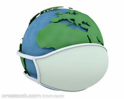 globe in a surgical mask depicting global pandemic